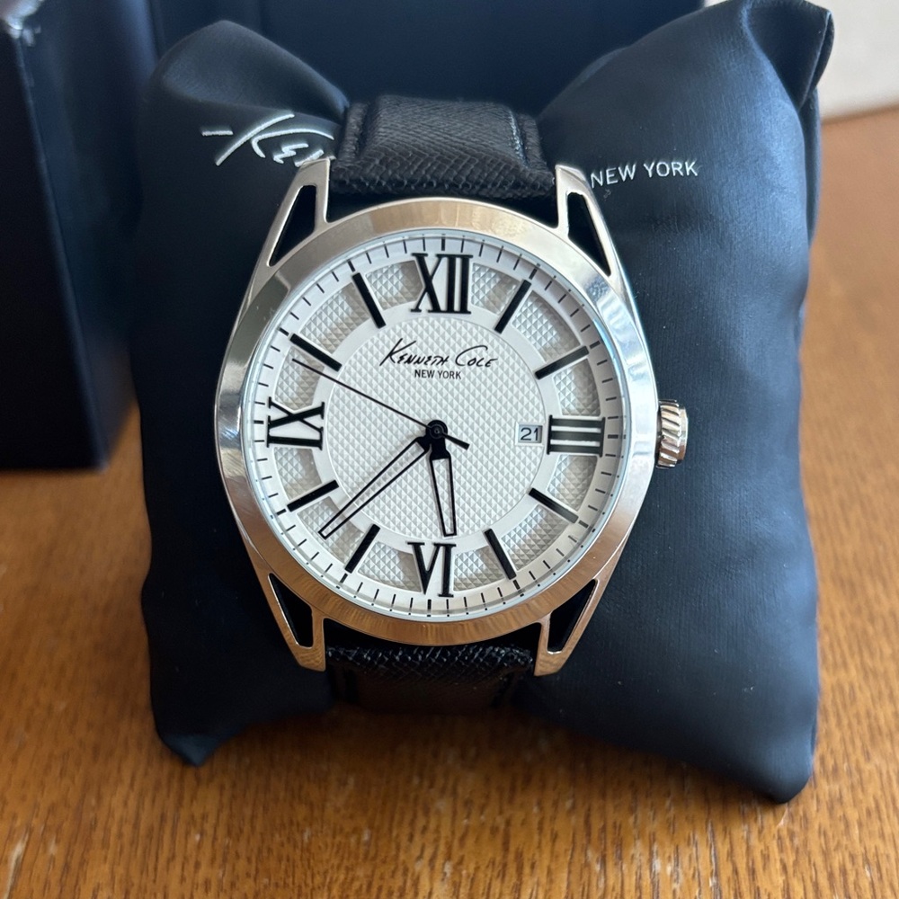Kenneth Cole Silver Case White Dial Black Leather Strap Watch